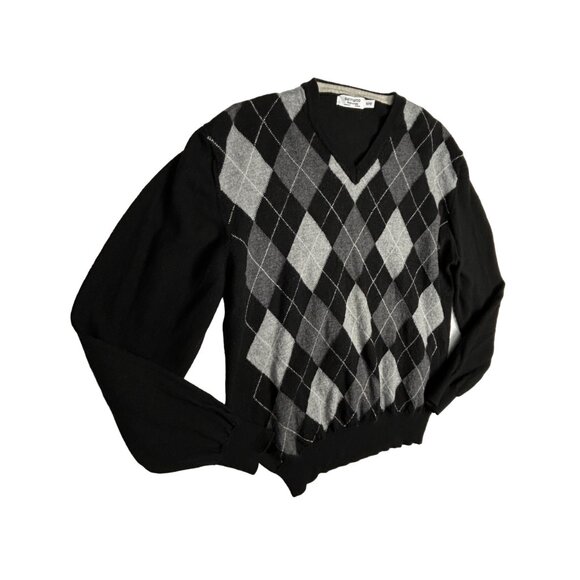 San Marco Sweater Mens M 100% Merino Wool Italy Black Grey Argyle V Neck Jumper - Picture 3 of 12